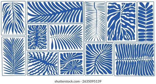 Hand drawn palm leaves doodle seamless pattern set. Summer vacation background collection in vintage art style. Tropical plant leaves painting illustration bundle.