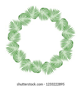 Hand drawn palm leaves frame. Tropical leaf invitation card borders. Vector isolated illustration. Jungle wreath.