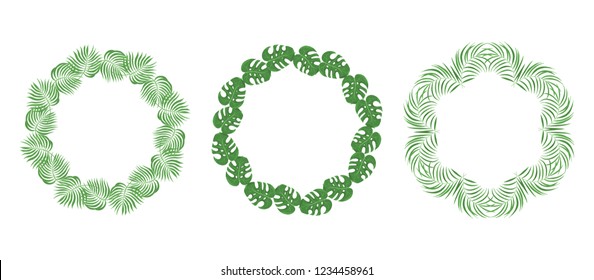Hand drawn palm leaves frames set. Tropical leaf invitation card borders. Vector isolated illustration. Jungle wreath.