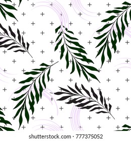 Hand Drawn Palm leaves on crosses background. Surface pattern nature print. 2018 swimwear texture