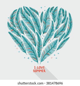 Hand drawn palm leaves in shape of heart. Fashion tropical vector illustration. 