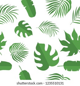 Hand drawn palm, monstera, aralia leaves seamless pattern for textile. Tropical leaf wallpaper, fabric background. Vector isolated illustration.