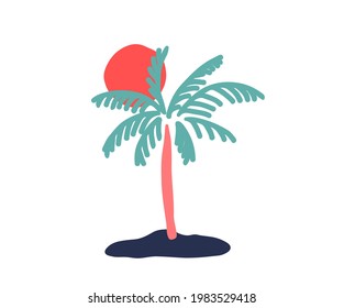 Hand drawn palm on sunset. Trendy home décor. Boho illustration.
