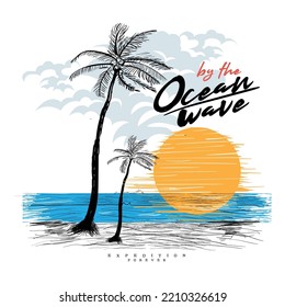 Hand drawn palm tree with beach and sun, summer beach slogan, ocean wave  with beach surf sandals illustration sunset slogan with hand drawn surf board and camera on beach background