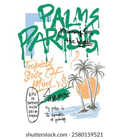 Hand drawn palm tree with big waves sunset print design. Graffiti typography text. spring summer t shirt design. sunset design. summer Palms paradise. vintage retro fashion. girls graphics