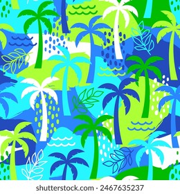 Hand drawn palm tree with brushed background seamless pattern design for summer holidays concept.