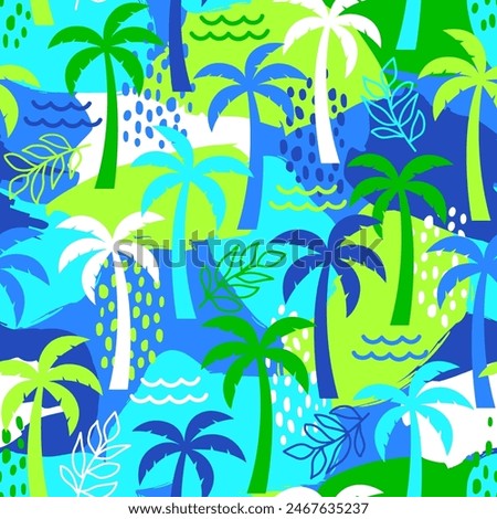 Hand drawn palm tree with brushed background seamless pattern design for summer holidays concept.