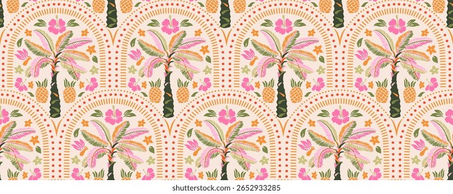 Mão desenhado dama de palmeira damasco padrão sem costura. impressão havaiana colorida, fundo de férias de verão em estilo vintage. Pintura de plantas tropicais. Design para tecido, têxtil, papel de parede e decoração.