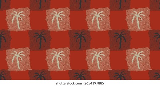 Dibujado a mano patrón sin fisuras de damasco de palmera. Estampado hawaiano rojo, fondo de vacaciones de verano en estilo vintage. Pintura de plantas tropicales. Diseño para tejido, textil, Fondo de pantalla y decoración.