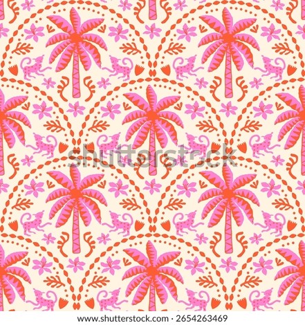 Hand drawn palm tree damask seamless pattern. Hawaiian print, summer holiday background in vintage style. Tropical plant painting. Design for fabric, textile, wallpaper and decoration.