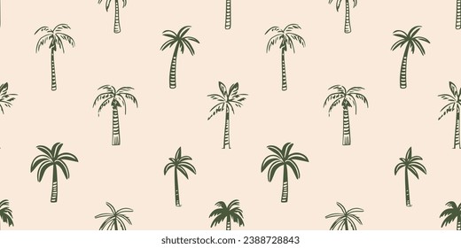 Hand drawn palm tree doodle seamless pattern illustration. Colorful hawaiian print, summer vacation background in vintage art style. Tropical plant painting wallpaper texture.