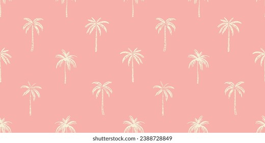 Hand drawn palm tree doodle seamless pattern illustration. Colorful hawaiian print, summer vacation background in vintage art style. Tropical plant painting wallpaper texture.