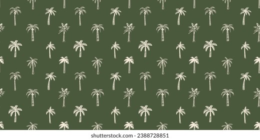 Hand drawn palm tree doodle seamless pattern illustration. Colorful hawaiian print, summer vacation background in vintage art style. Tropical plant painting wallpaper texture.