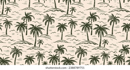 Hand drawn palm tree doodle seamless pattern illustration. Colorful hawaiian print, summer vacation background in vintage art style. Tropical plant painting wallpaper texture.