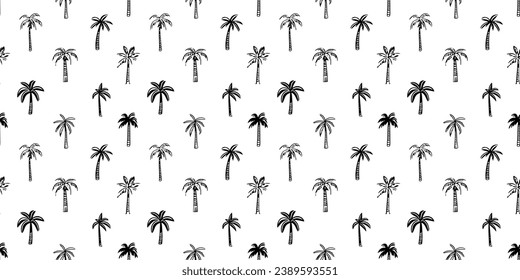 Hand drawn palm tree doodle seamless pattern illustration. Black and white hawaiian print, summer vacation background in vintage art style. Tropical plant painting wallpaper texture.