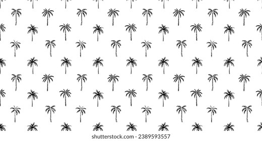 Hand drawn palm tree doodle seamless pattern illustration. Black and white hawaiian print, summer vacation background in vintage art style. Tropical plant painting wallpaper texture.