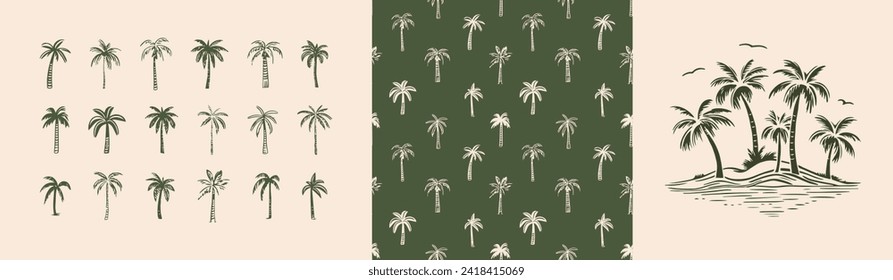 Hand drawn palm tree doodle seamless pattern set. Colorful hawaiian print, summer vacation background collection in vintage art style. Tropical plant painting illustration bundle.