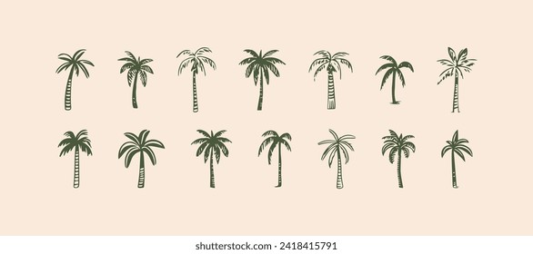 Hand drawn palm tree doodle element set. Colorful hawaiian clipart, isolated summer vacation collection in vintage art style. Tropical plant painting illustration bundle.