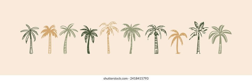 Conjunto de elementos de doodle de palmera dibujados a mano. Colorido clíparte hawaiano, aislada colección de vacaciones de verano en estilo de arte vintage. Conjunto de ilustraciones de pinturas de plantas tropicales.