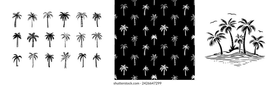 Hand drawn palm tree doodle seamless pattern set. Black and white hawaiian print, summer vacation background collection in vintage art style. Tropical plant painting illustration bundle.