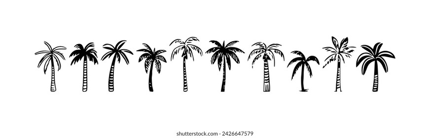 Hand drawn palm tree doodle element set. Black and white hawaiian clipart, isolated summer vacation collection in vintage art style. Tropical plant painting illustration bundle.