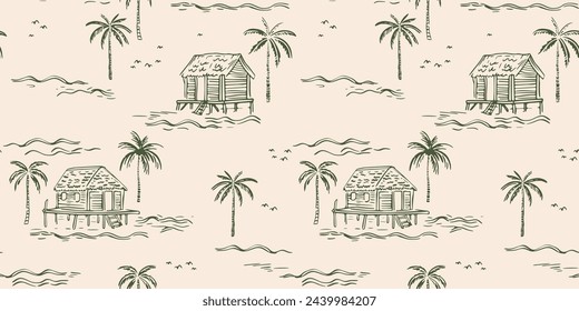 Hand drawn palm tree doodle seamless pattern illustration. Colorful hawaiian print, summer vacation background in vintage art style. Tropical plant painting wallpaper texture.