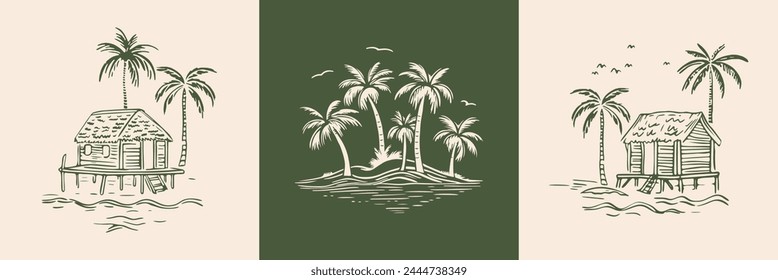 Hand drawn palm tree doodle illustration set. Green hawaiian print, summer vacation background collection in vintage art style. Tropical plant painting clip art bundle.