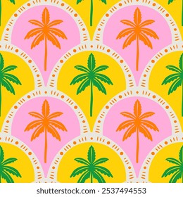 Palmeira desenhada à mão rabiscar ilustração padrão sem costura. Impressão havaiana colorida, fundo de férias de verão em estilo de arte vintage. Textura de papel de parede de pintura de plantas tropicais.