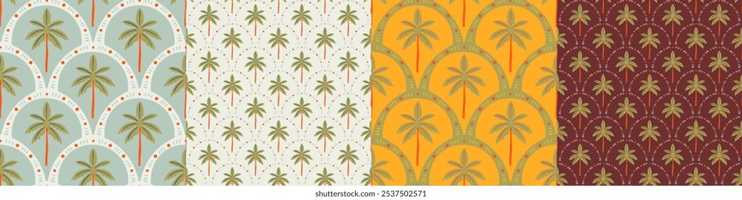 Hand drawn palm tree doodle seamless pattern set. Colorful hawaiian print, summer vacation background in vintage art style. Tropical plant painting wallpaper texture collection.