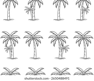 Dibujado a mano palmera doodle patrón sin fisuras ilustración dibujado a mano impresión, fondo de vacaciones de verano en estilo de arte vintage. Planta tropical pintando textura de Fondo de pantalla. Palmera verde tropical Seamle