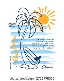 Hand Drawn palm tree drawing with surfboard. water color brush line wave stripe. kid's graphic tee. boys t-shirt design. tropical summer print design 