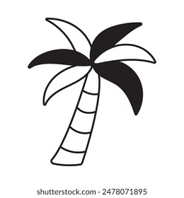 Icono de palmera dibujado a mano aislado sobre fondo blanco. Concepto de diseño para unas vacaciones de verano en la playa junto al mar.  Se puede utilizar en Diseño web, impresión, textil, embalaje. Ilustración vectorial.