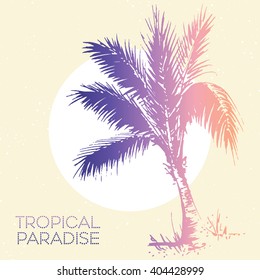 Hand drawn palm tree illustration. Travel sketch drawing in vintage colors. Tropical paradise vacation design for hotel or travel company design. 