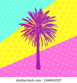 Hand drawn Palm Tree isolated on polca dot geometric background. Tropical design element for t-shirt prints. Exotic colorful Palm art for shirting textile, fashion, banners, web. Vector illustration