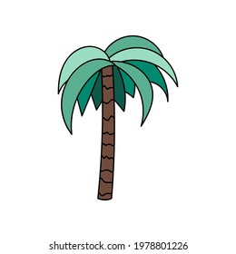 Hand drawn palm tree isolated on white background. Colorful, funny vector illustration. Stylized illustration with hand drawn outline. For sticker, scrapbook, fabric, social media, posters, postcards.