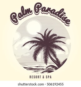 Hand drawn palm tree and ocean front sketch logo. Vector illustration