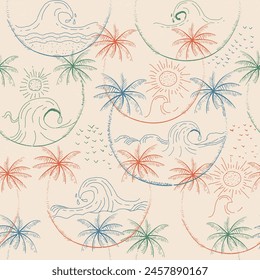 Hand Drawn Palm tree patterns inside waves, sun, birds, summer textile new tropical patterns, sunset, Elegant seamless pattern with green hand drawn line tropical leaves and flowers. 