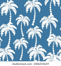 Patrón transparente de palmera dibujada a mano sobre fondo azul