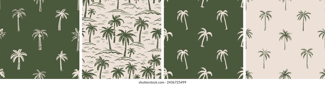 Hand drawn palm tree seamless pattern illustration set. Hawaiian print collection, summer vacation background in vintage art style. Tropical plant painting wallpaper texture.