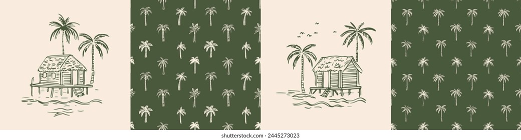 Hand drawn palm tree seamless pattern illustration set. Hawaiian print collection, summer vacation background in vintage art style. Tropical plant painting wallpaper texture.