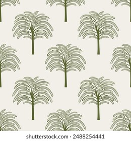 Patrón sin costuras de palmera dibujado a mano. Colección de impresión hawaiana, fondo de vacaciones de verano en estilo de arte vintage. Textura de Fondo de pantalla de pintura tropical de plantas. Palma de Vector verde