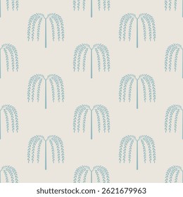 Hand drawn palm tree seamless pattern. Hawaiian print collection, summer vacation background in vintage art style. Tropical plant painting wallpaper texture. Blue vector palm