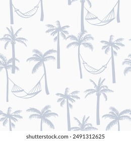 Hand drawn palm tree silhouette with hammock seamless pattern