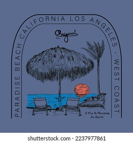 Hand drawn palm tree with sunset beach, Endless Summer Surfing in Santa Monica beach, California, Retro summer beach design for apparel and others. California t-shirt design.