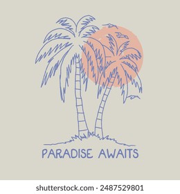 HAND DRAWN PALM TREE TROPICAL BEACH PARADISE BIRD ANIMAL TSHIRT TEE PRINT FOR APPAREL MERCHANDISE