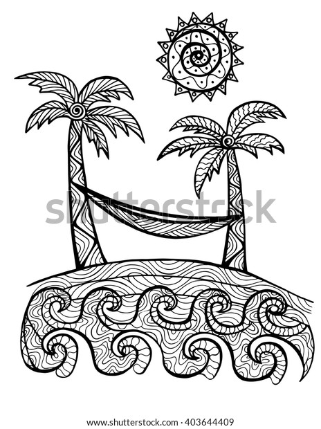 Hand drawn palm trees at the beach for coloring book