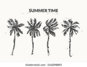 Hand drawn palm trees black ink sketch set. Summer holiday background. Exotic plants, island vacation, tropical flora, travel design.