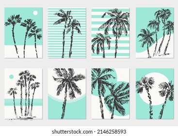 Hand drawn palm trees black ink sketch card set. Summer holiday background with mint green stripes and geometry. Exotic plants, island vacation, tropical flora, travel design.