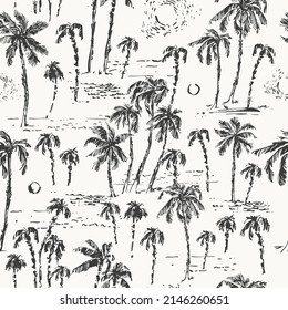 Hand drawn palm trees black ink sketch seamless pattern. Summer holiday background. Exotic plants, island vacation, tropical flora, travel design.