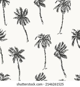 Hand drawn palm trees black ink sketch seamless pattern. Summer holiday background. Exotic plants, island vacation, tropical flora, travel design.